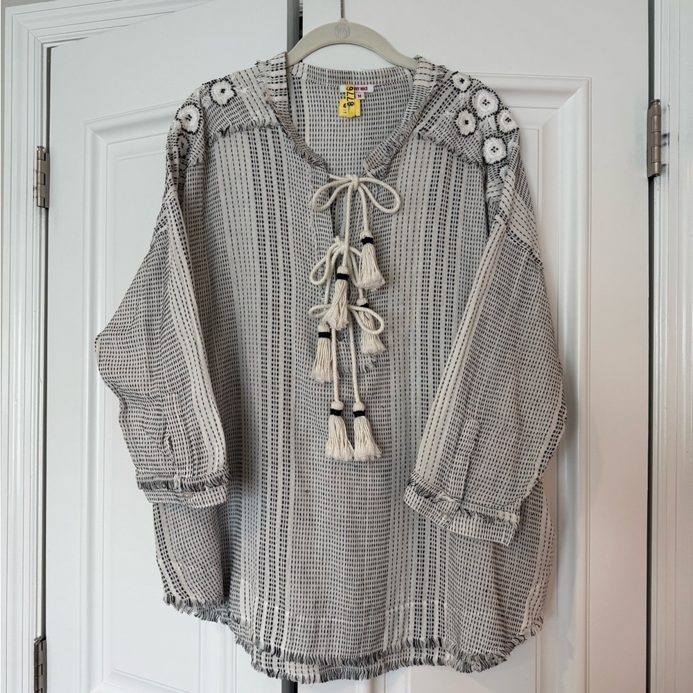 Johnny Was Black and White Embroidered Blouse